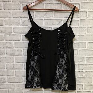 Elegant Black Lace-Up Camisole with Floral Accents, 5XL